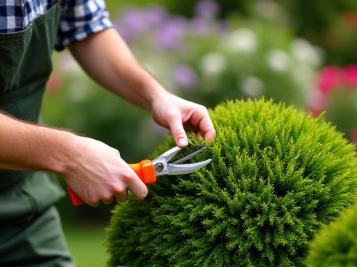 A gardener carefully pruning a shaped shrub in a pristine garden.